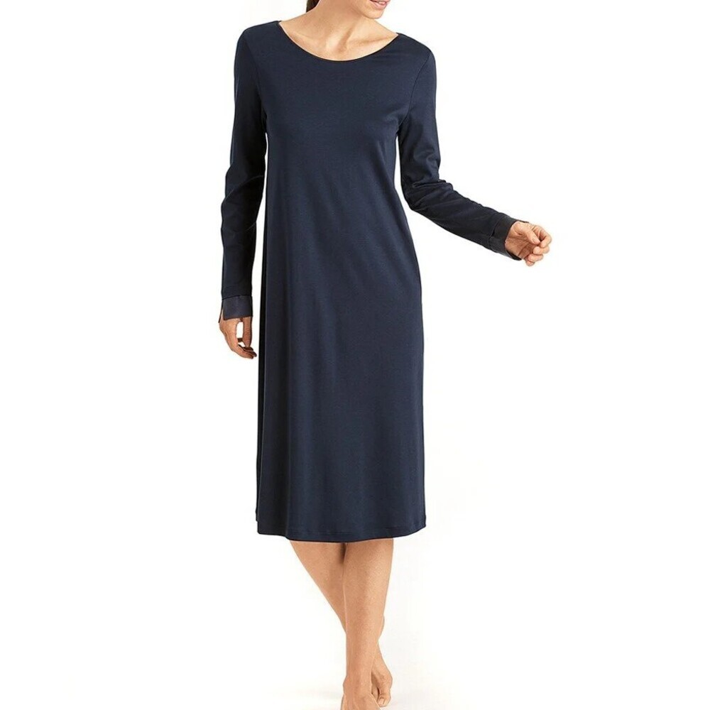 HANRO Lamia Women’s S Navy Long Sleeve Nightdress Cotton Silk Quiet Luxury Sleep